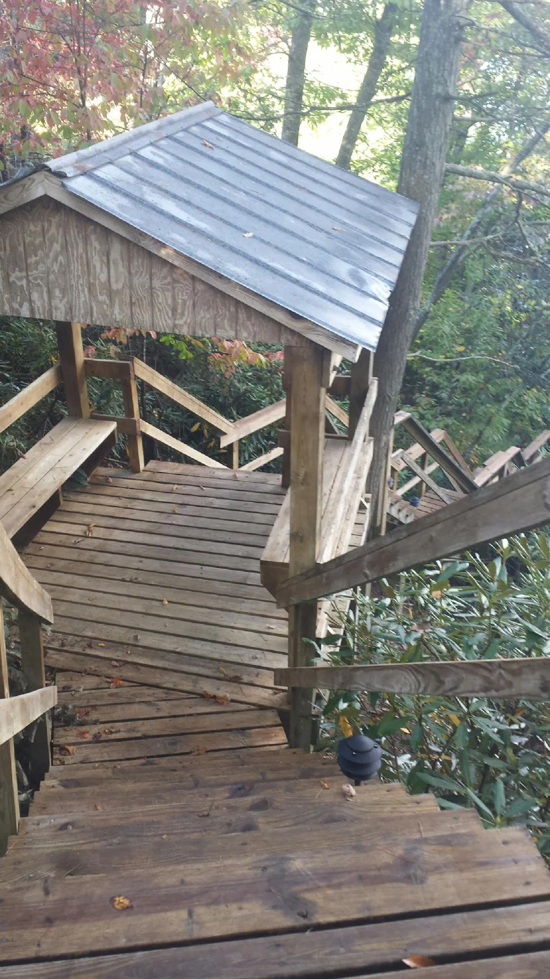 Metal roofed shelter over wooden steps on a wooded walkway — Skylight Repair & Installation work by our crew in Doty